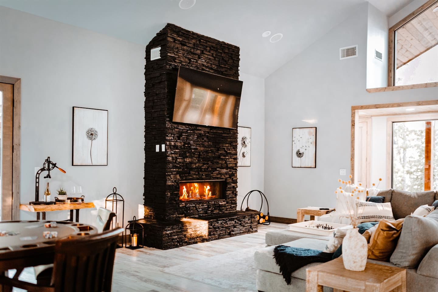 Fireplace, wood floor, cozy couch, movie night