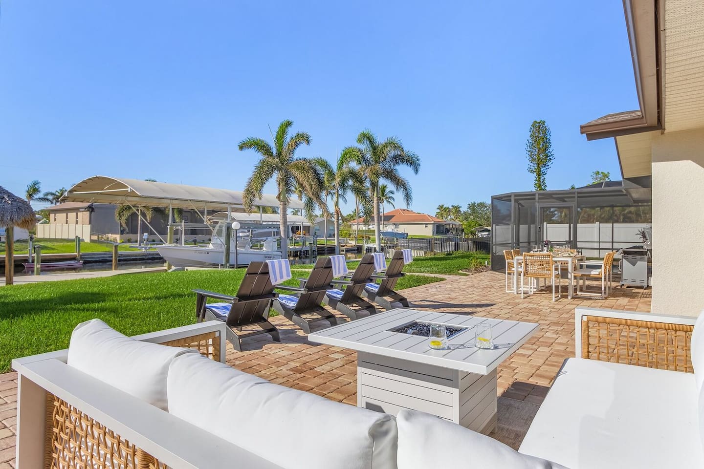 Back yard sofa with fire table