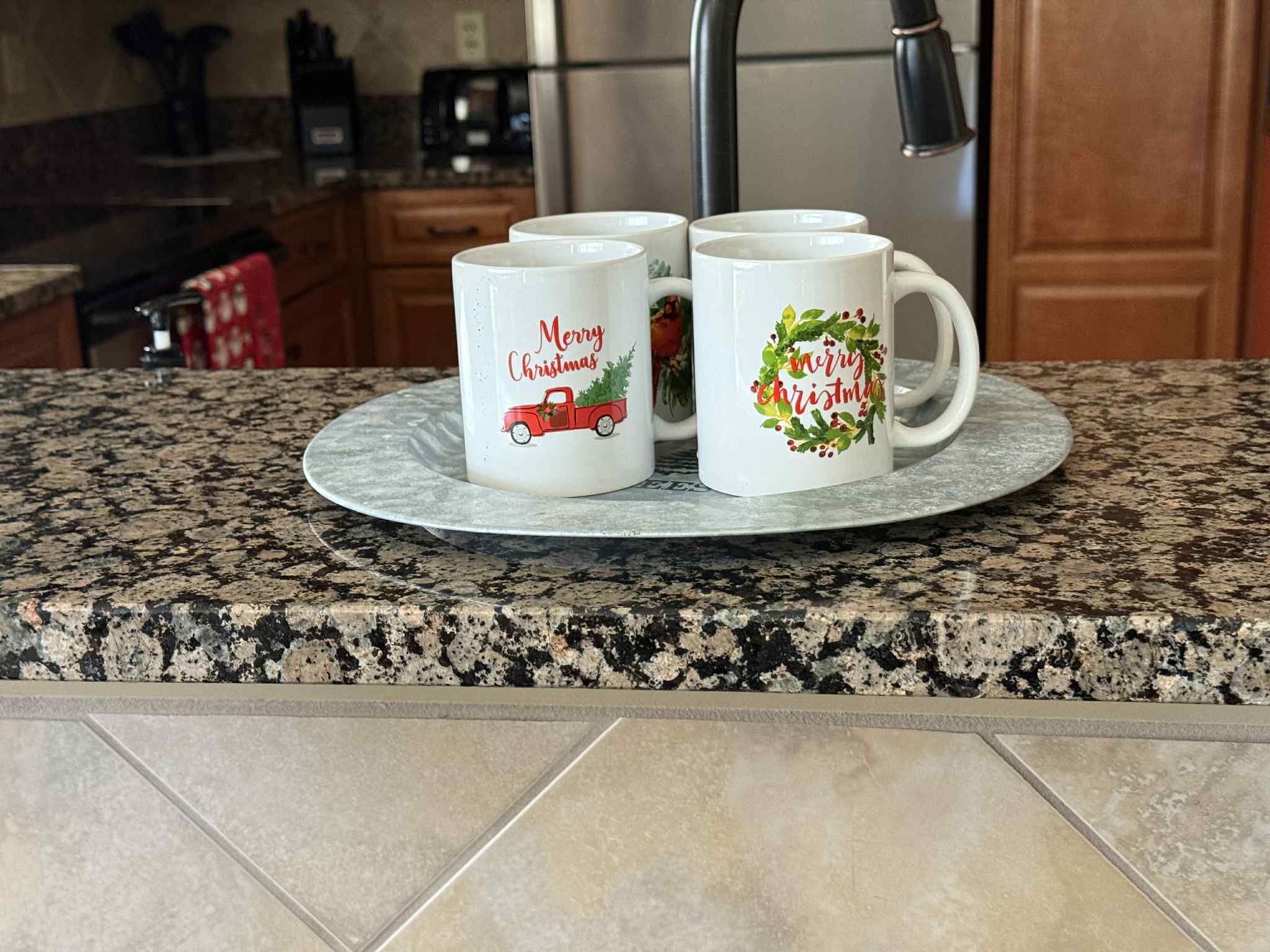 Enjoy our morning coffee in a festive Christmas mug.