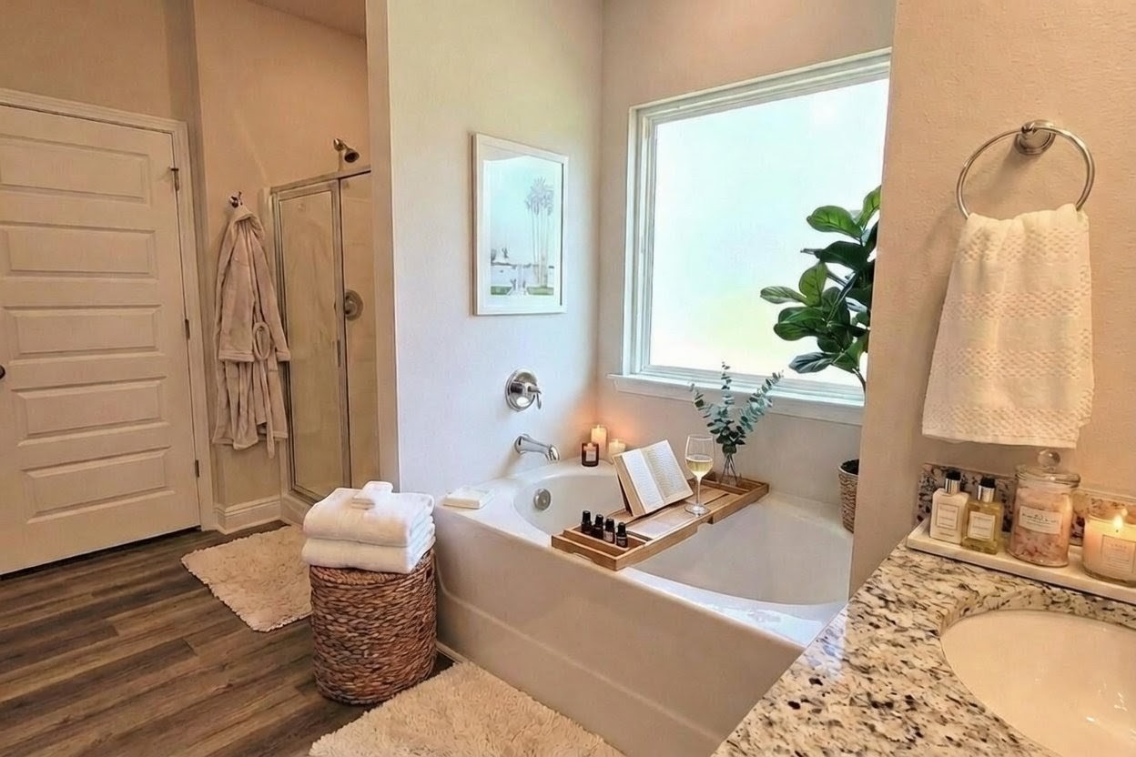 Primary bath with walk-in shower, tub, and double vanity—stocked with shampoo, conditioner, and body wash.