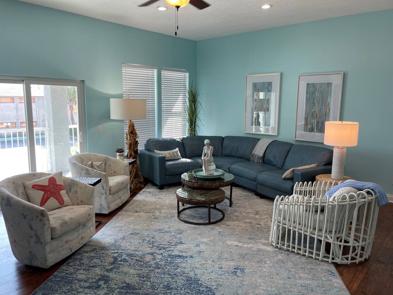 Our recently renovated living room on the second floor offers comfortable seating with views of the ocean.
