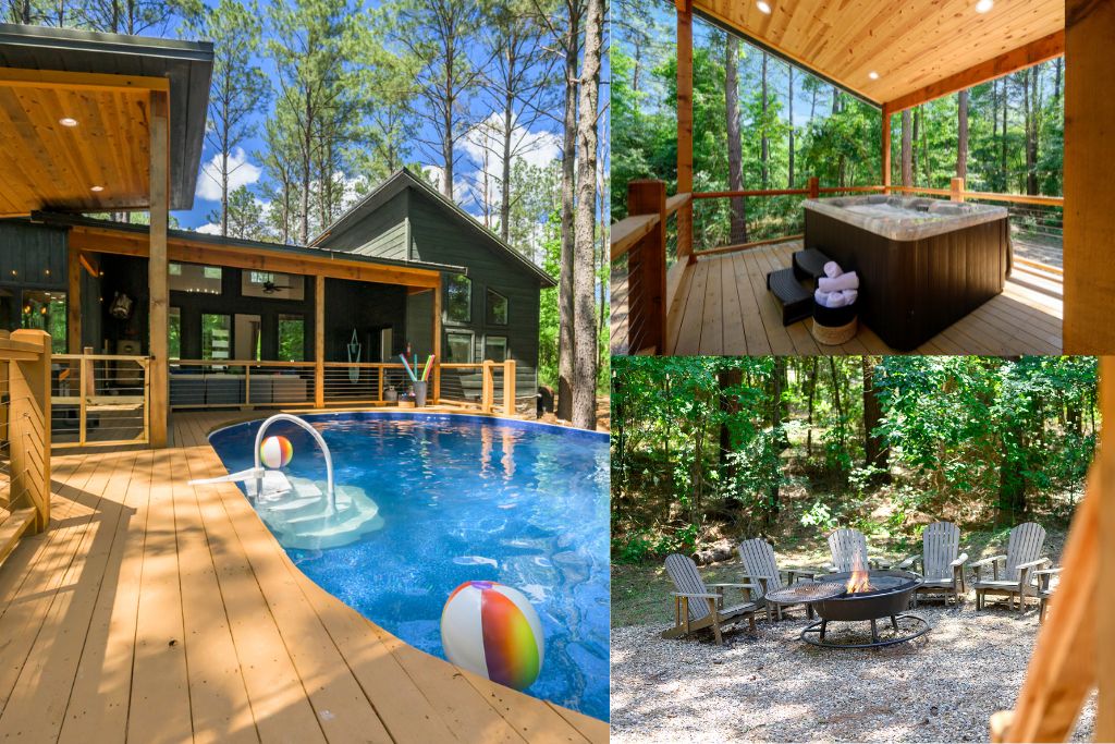 Immerse yourself in nature’s luxury — a private pool, relaxing hot tub, and cozy fireside lounge beneath the pines. Every moment outdoors is a getaway within a getaway.