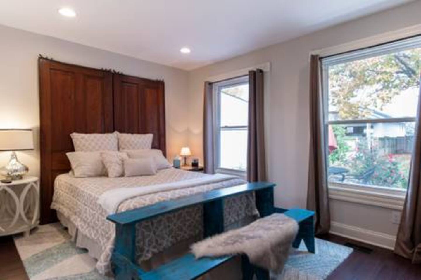Master bedroom with view of back yard