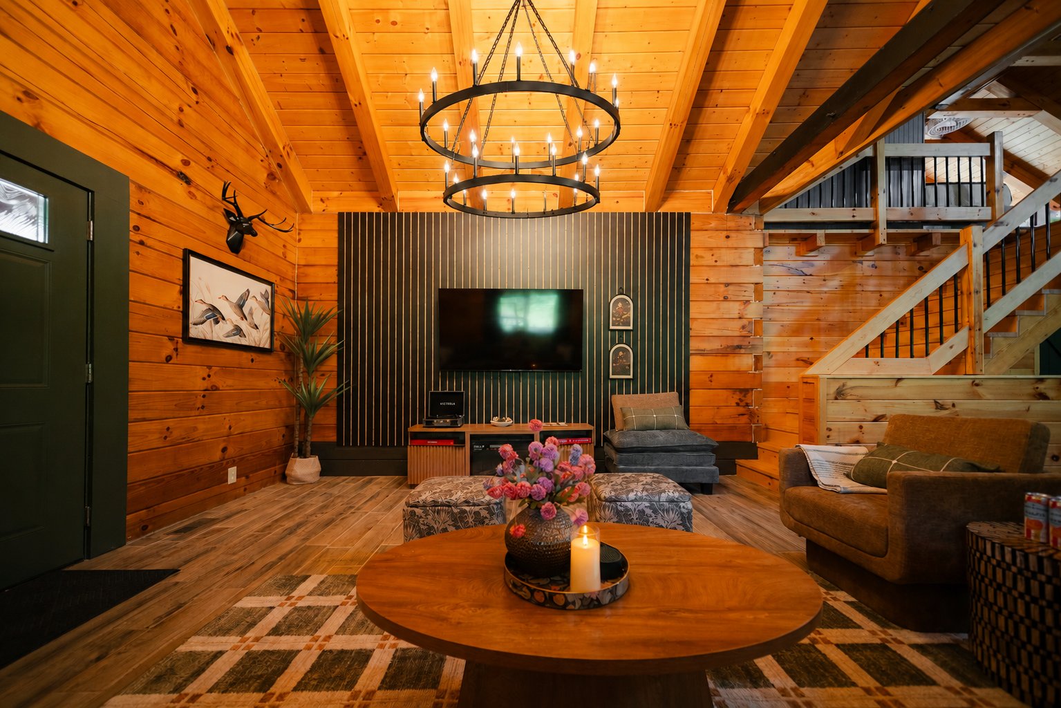 Inviting living room with comfortable seating and a TV, perfect for relaxing and spending time together.