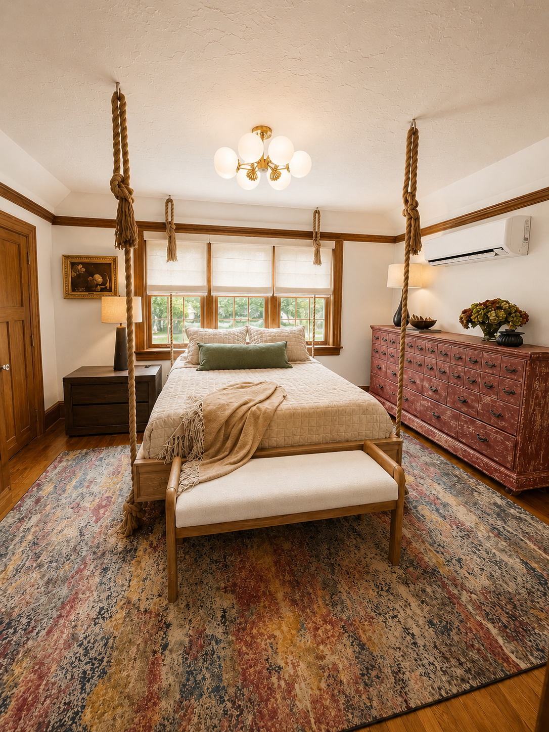 Charming upstairs bedroom featuring a comfortable queen-size bed, vintage-inspired, and warm natural light. Thoughtfully designed with character and comfort in mind, this inviting space offers the perfect place to relax and recharge