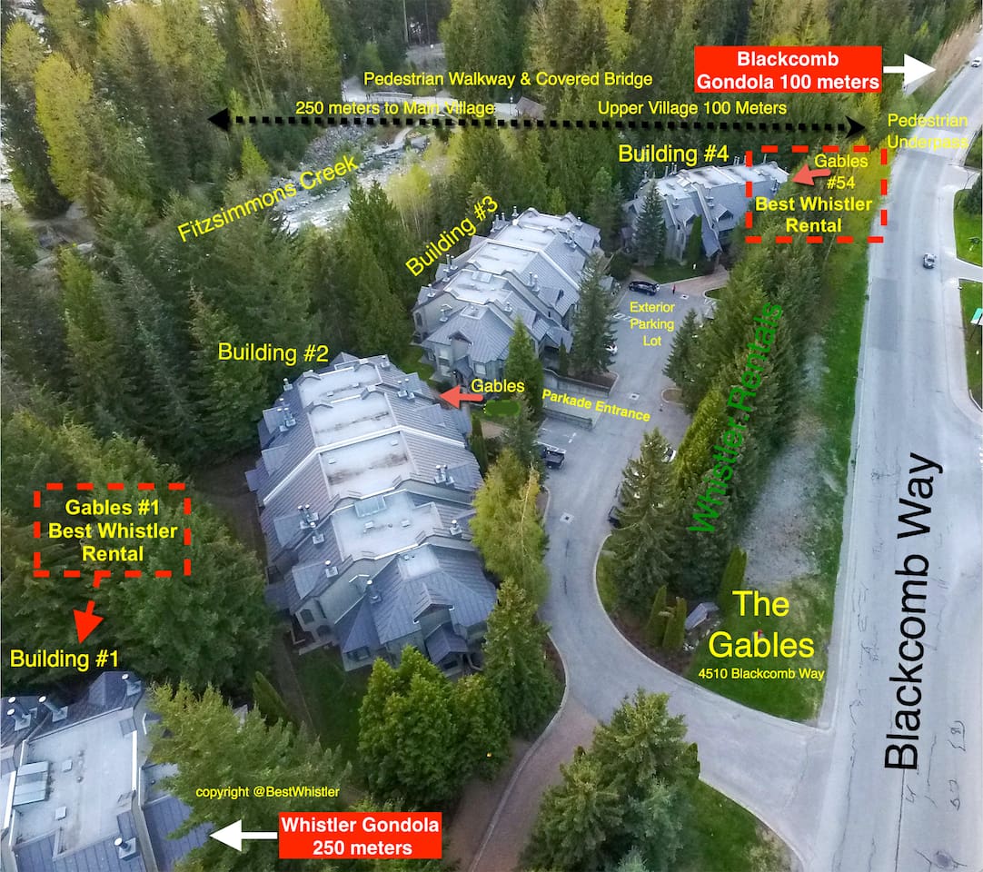 Easy 100 meters walk to Blackcomb Gondola! Easy 250m walk to Whistler Gondola via lit & maintained Fitzsimmons Trail walkway. An underpass takes you under Blackcomb Way to Gondola. A covered bridge takes you over Fitzsimmons Creek to Village Centre.