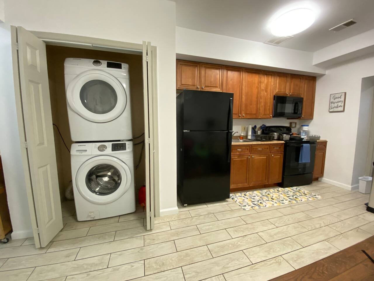 Laundry and fully stocked kitchen