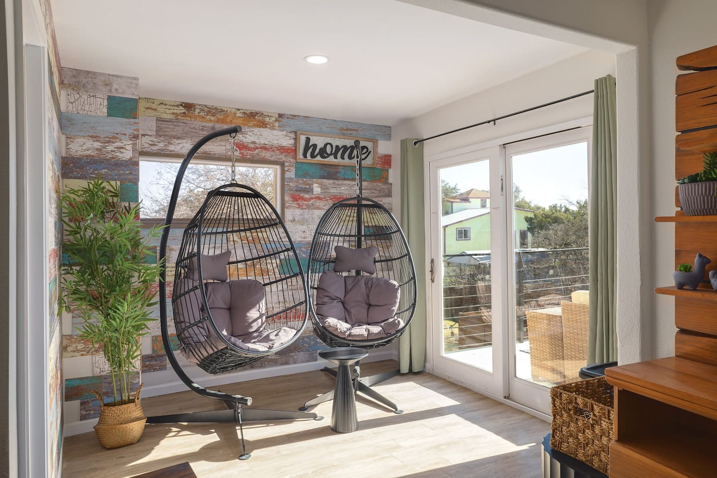 Start your morning swaying gently in the hanging chairs with coffee in hand and sunlight pouring through the windows. This cozy nook was made for slow mornings, quiet conversations, and peaceful moments away.