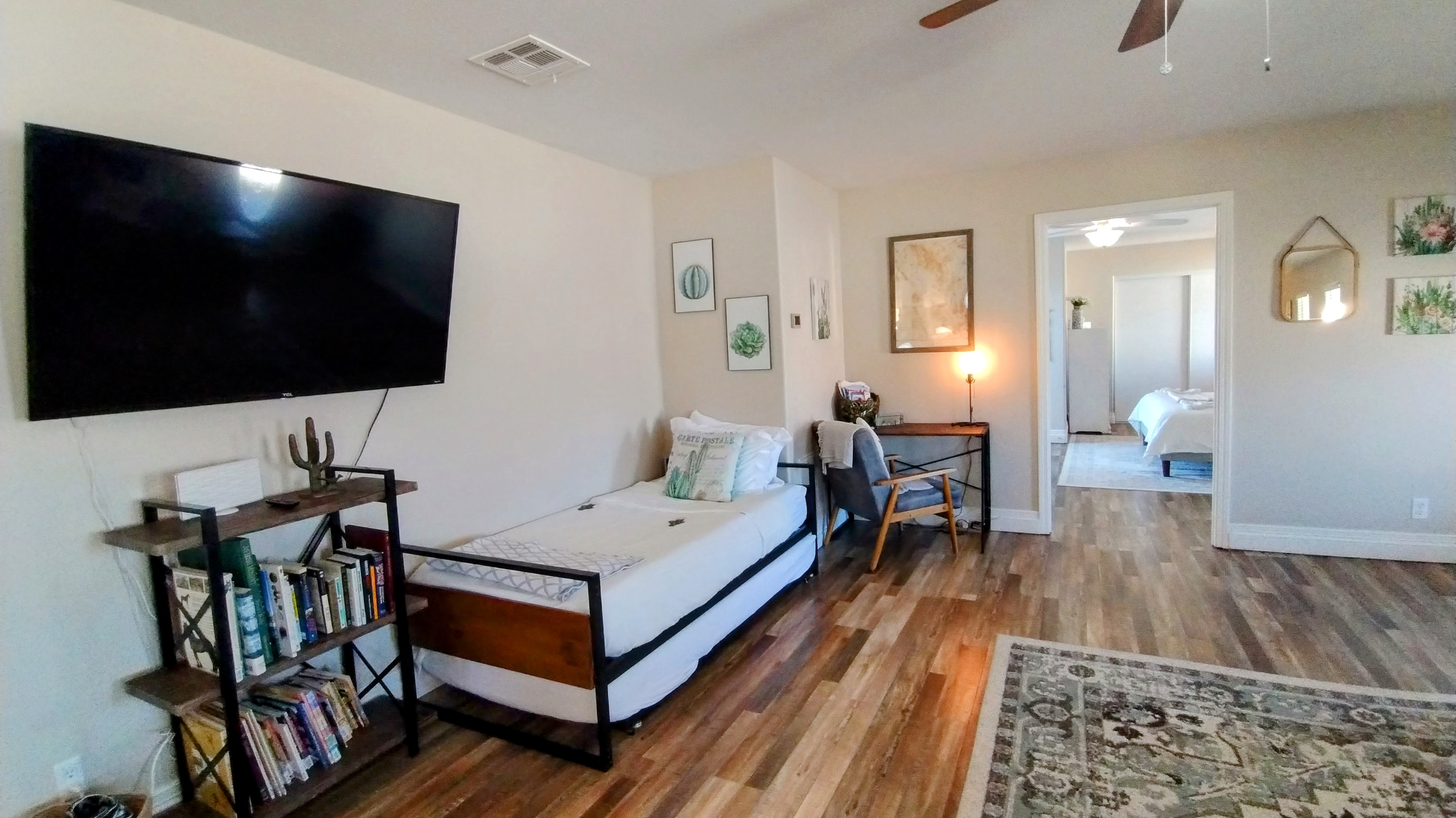 Two twin beds, work space and smart TV