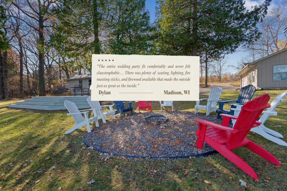 The entire wedding party fit comfortably and never felt claustrophobic… There was plenty of seating, lighting, fire roasting sticks, and firewood available that made the outside just as great as the inside.