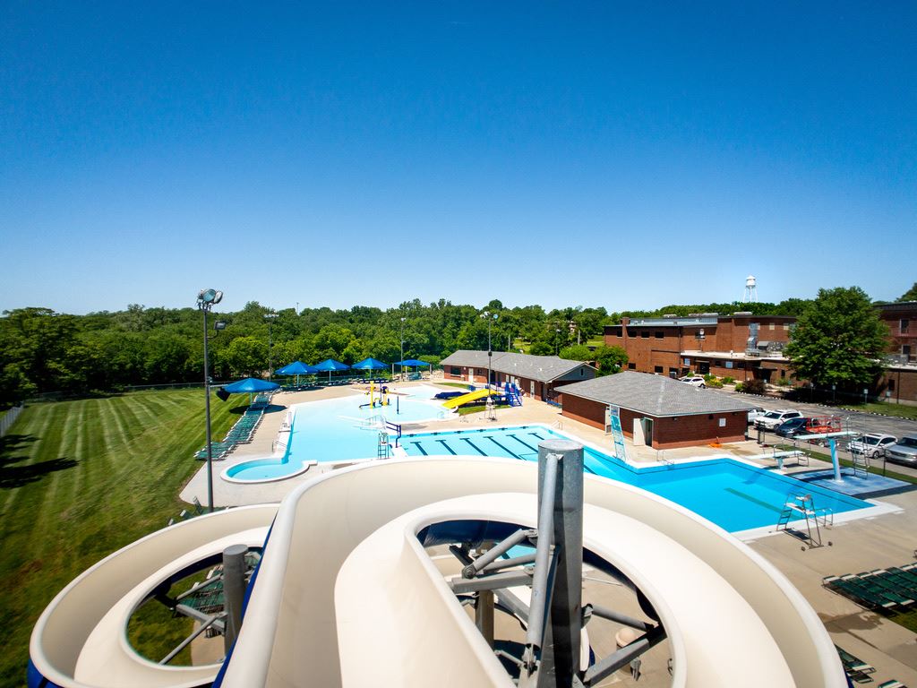 Aquatic Center open Memorial Day to Labor Day. $5/per day per person.  Just three blocks East of home.