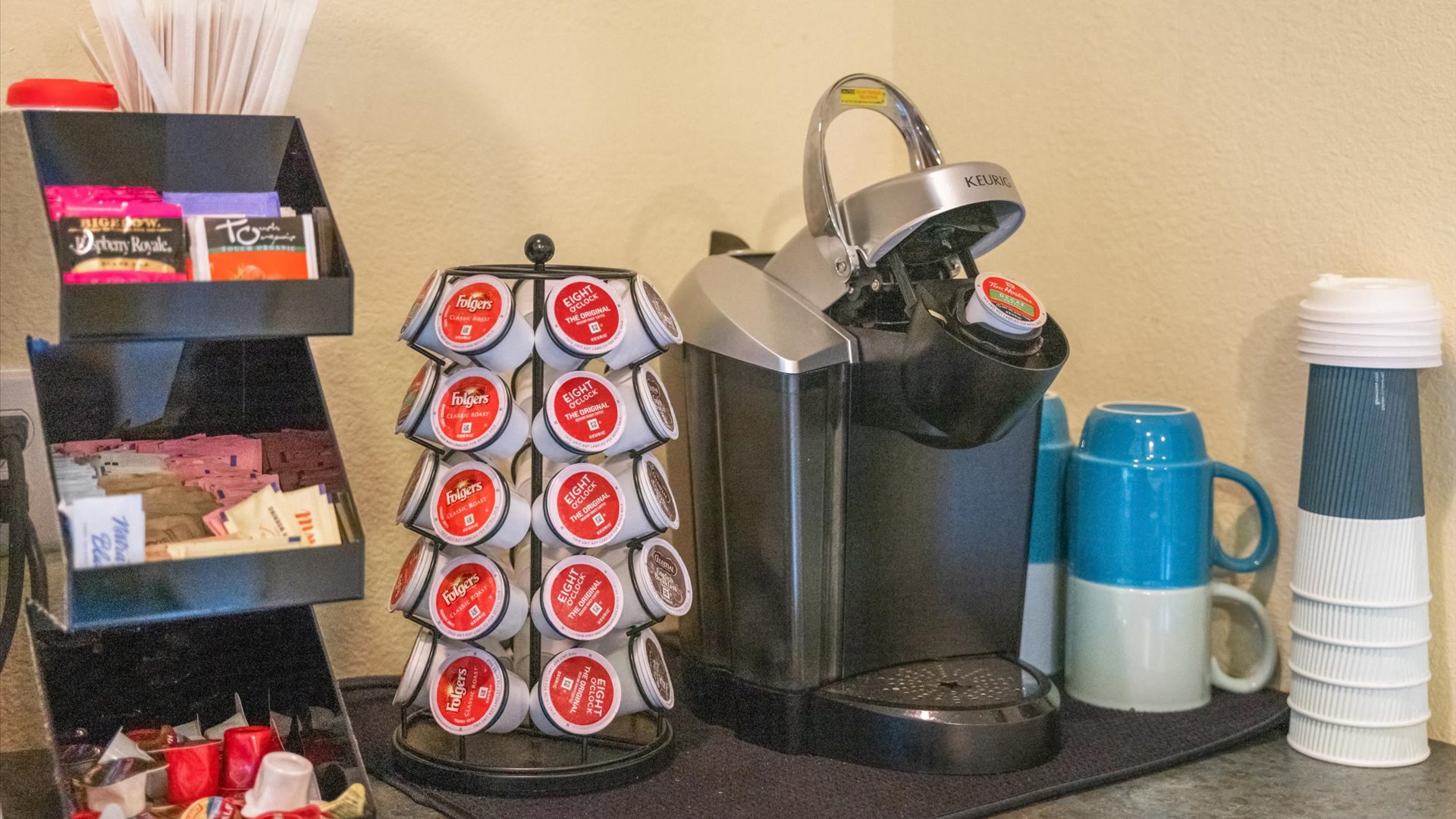 The Bonus Room is fully stocked for your caffeine fix! It features its own full-size Keurig, complete with a variety of coffee pods, cups, sugars, creamers, and everything else you might need.