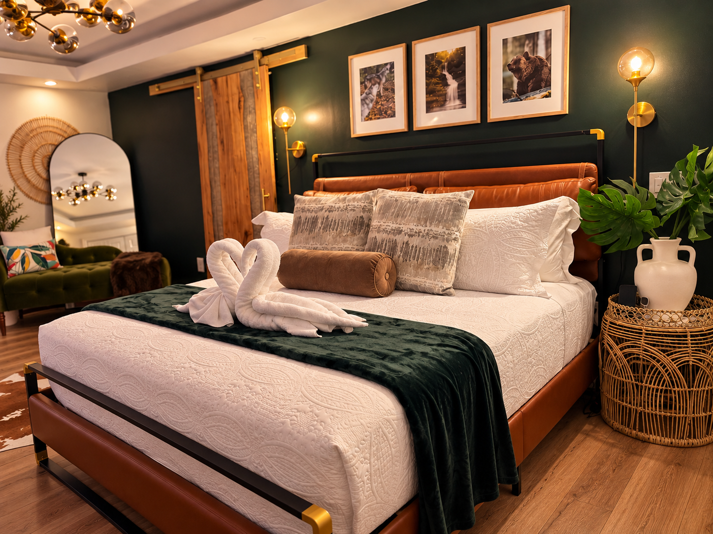 Master Bedroom - A luxurious retreat with a Smart TV, fireplace, private bathroom, jacuzzi, skylight, spa room, and a Juliette balcony. The perfect space to relax in comfort and sophistication.