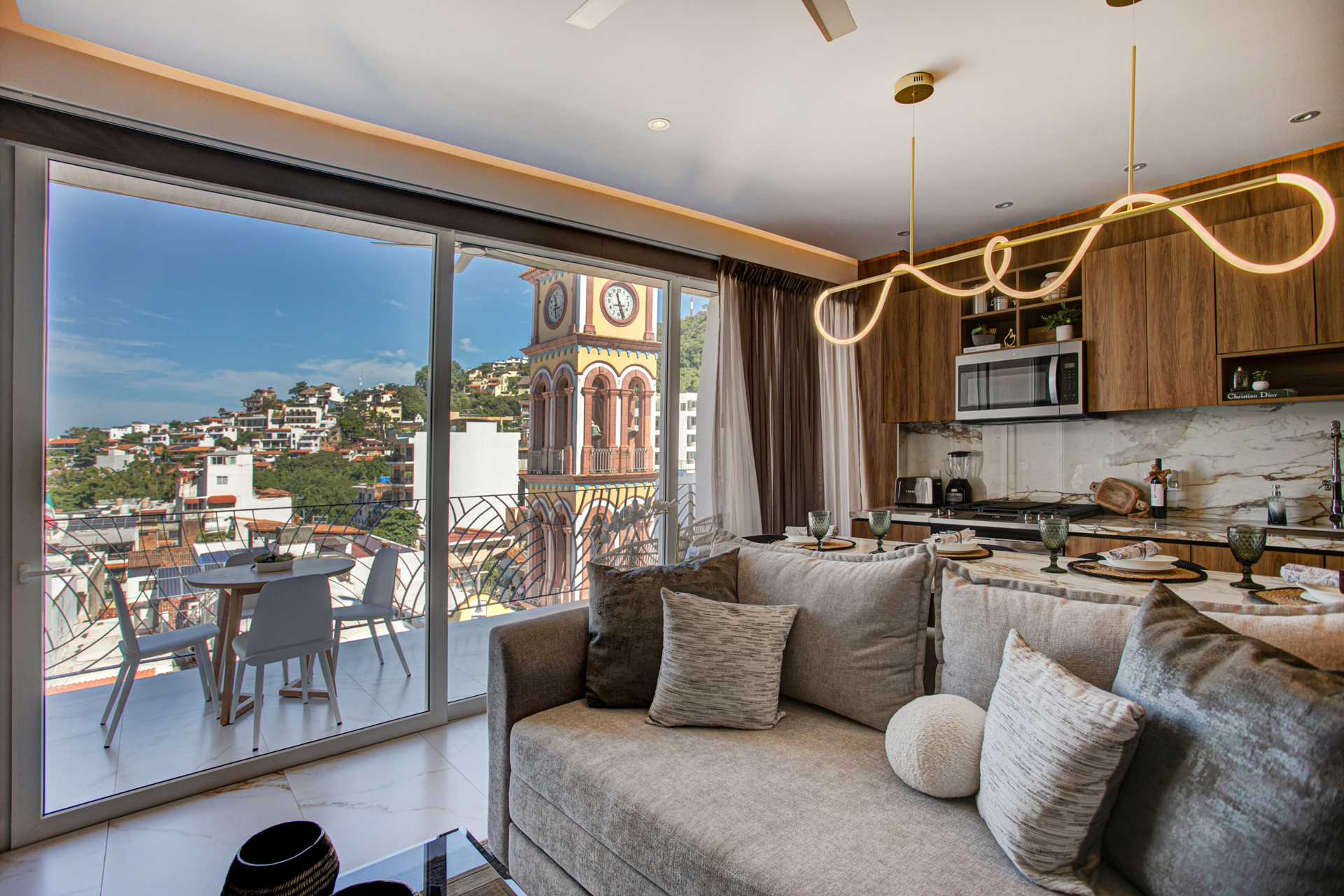 Step into a modern, beautifully styled retreat with mountain views right from your living room.