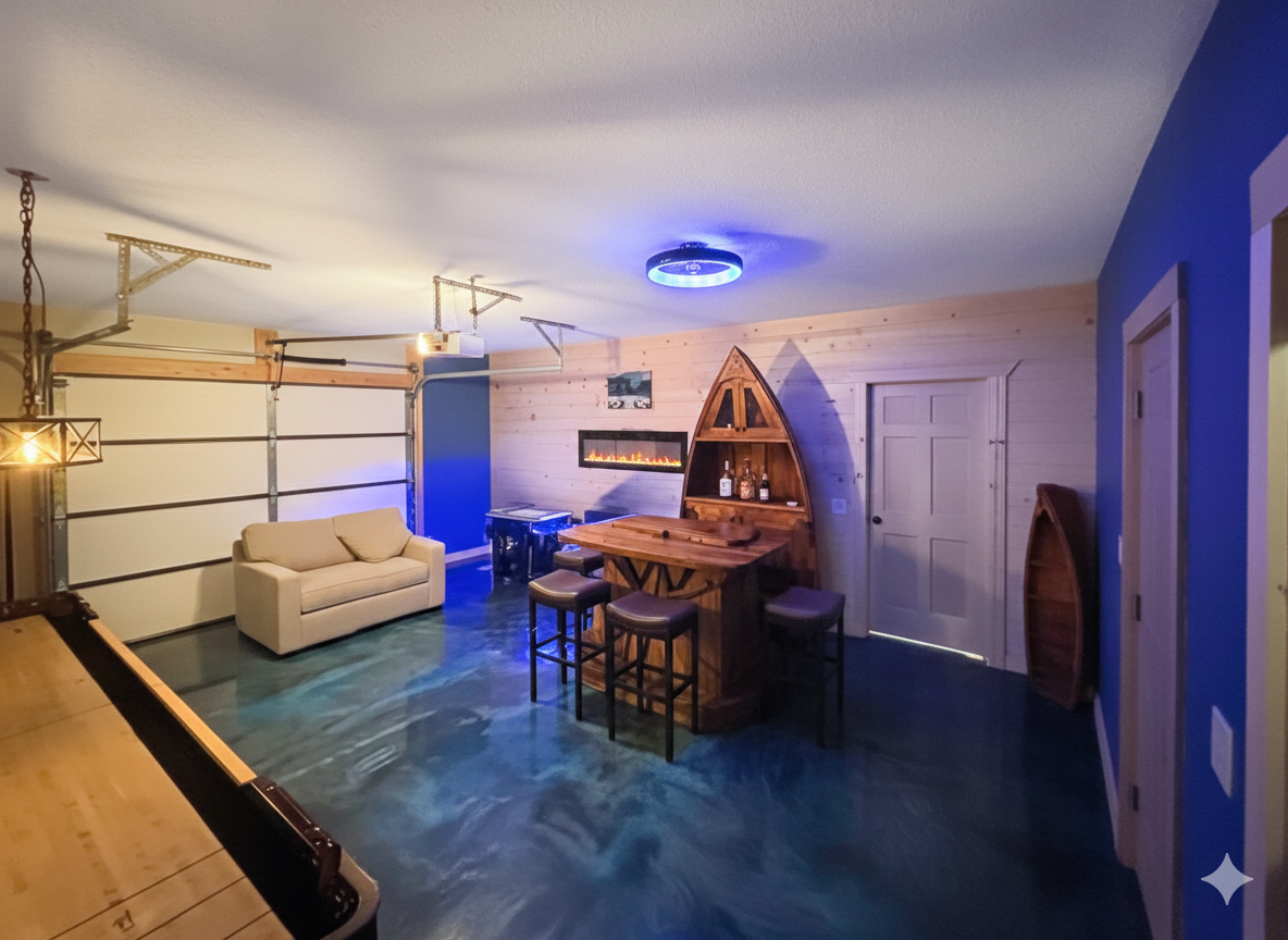 Game Room: Unwind with a bar, fireplace, and unique decor for game nights and fun!

