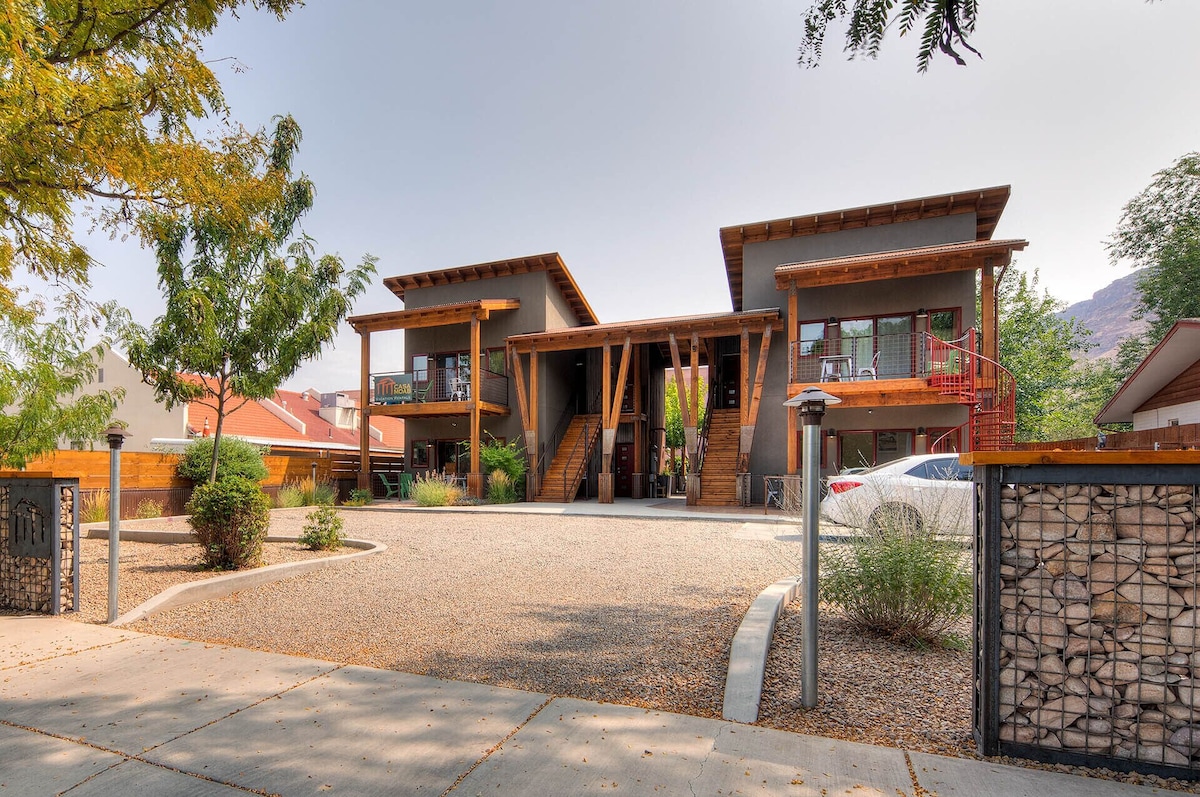 Front main entrance and parking area