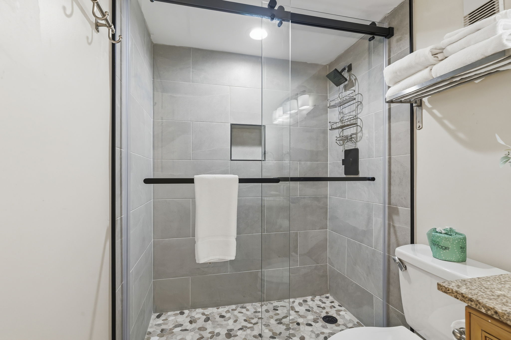 Walk-in shower in the primary bathroom