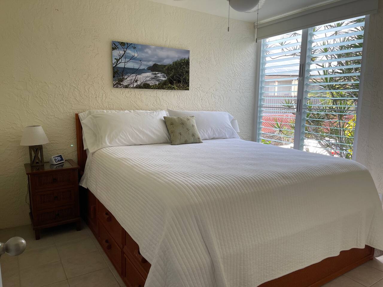 Peaceful bedroom with a comfortable king bed and AC for cool, restful island nights.