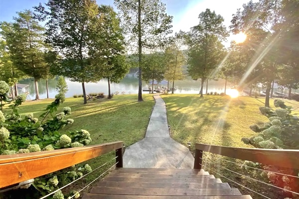Looking towards lake from back patio, over the backyard.