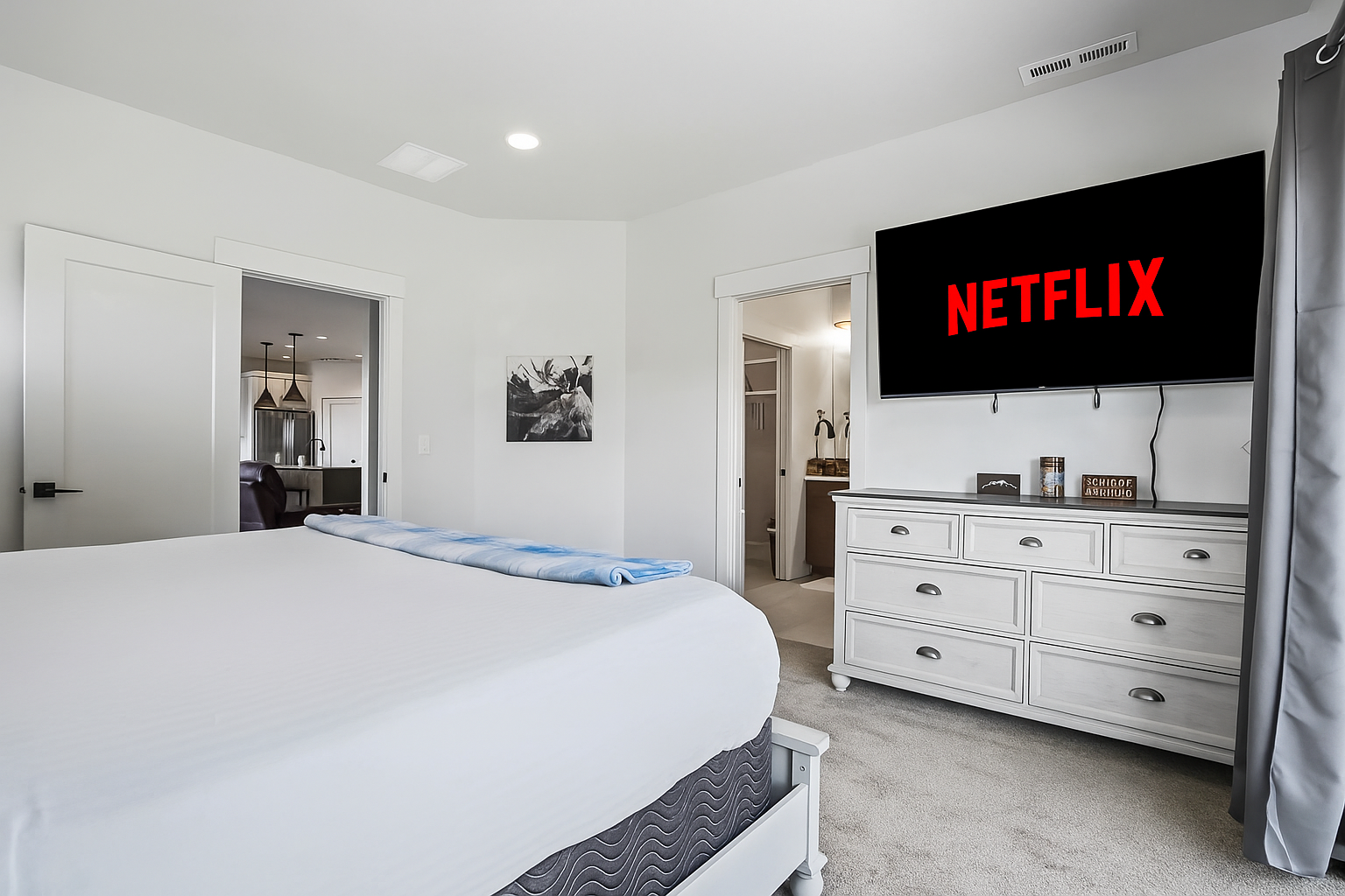 Sink into comfort with a large TV and Netflix access.