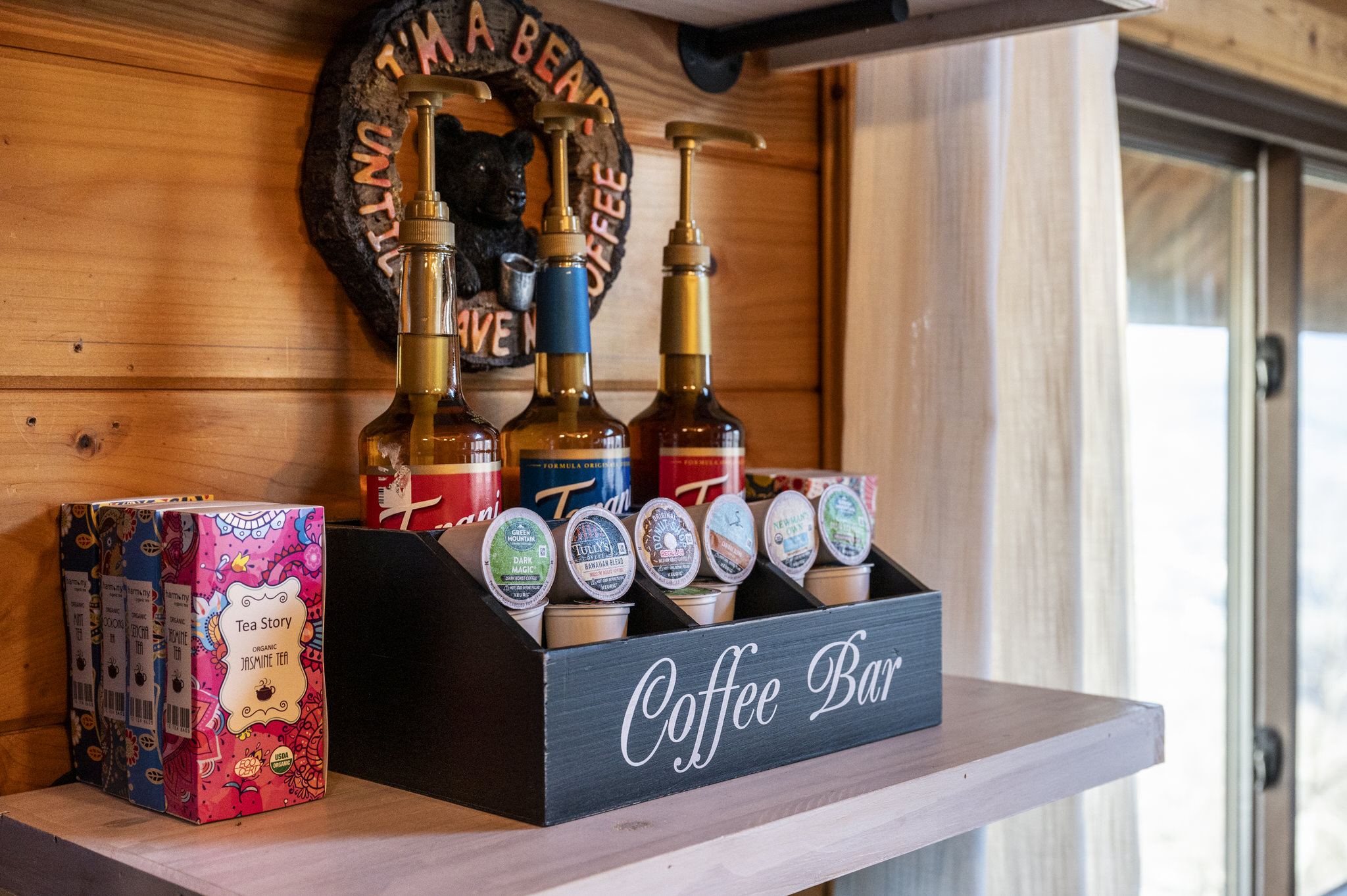 Keurig cup or drip coffee machine with complimentary coffee and syrups provided make it convenient for your stay.
