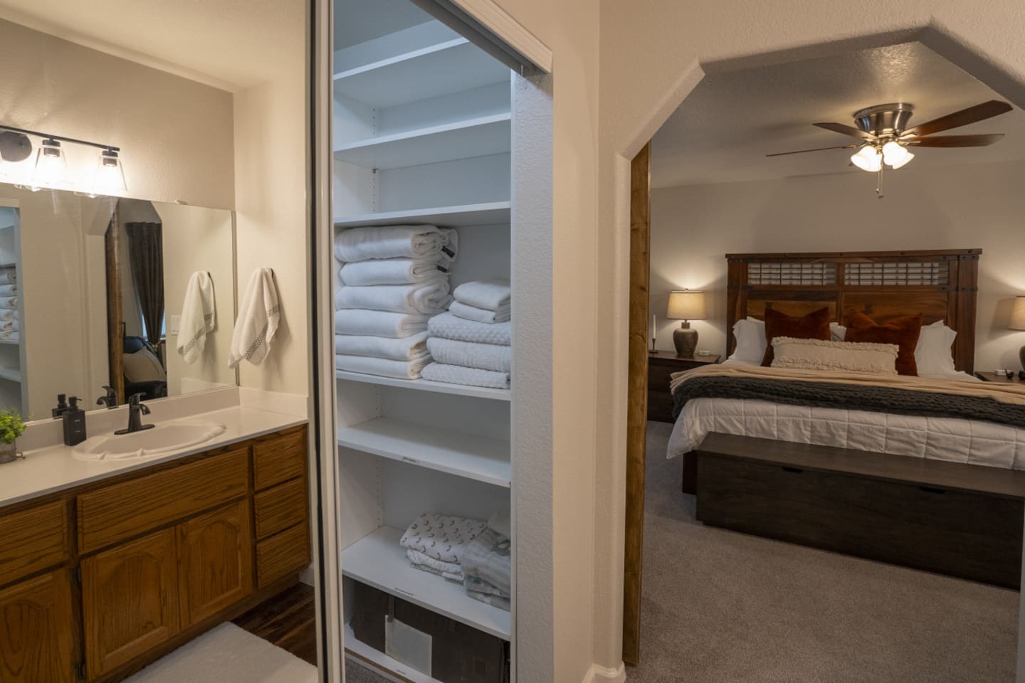 Primary bedroom setup with ensuite-style bath access  