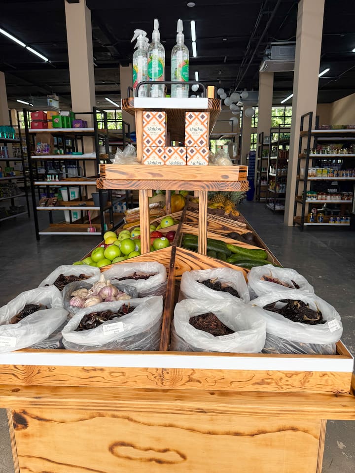 Fresh fruit and vegetables stand and most items you need for a comfortable stay. 