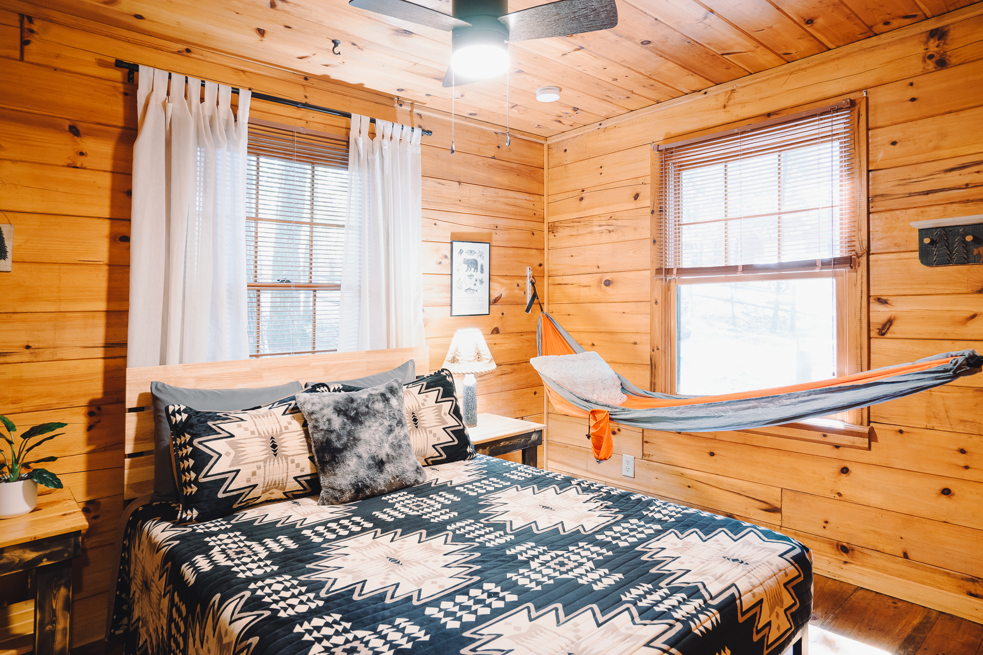 Bedroom 3 - Rustic modern full bed with memory foam mattress and pillows; reading hammock