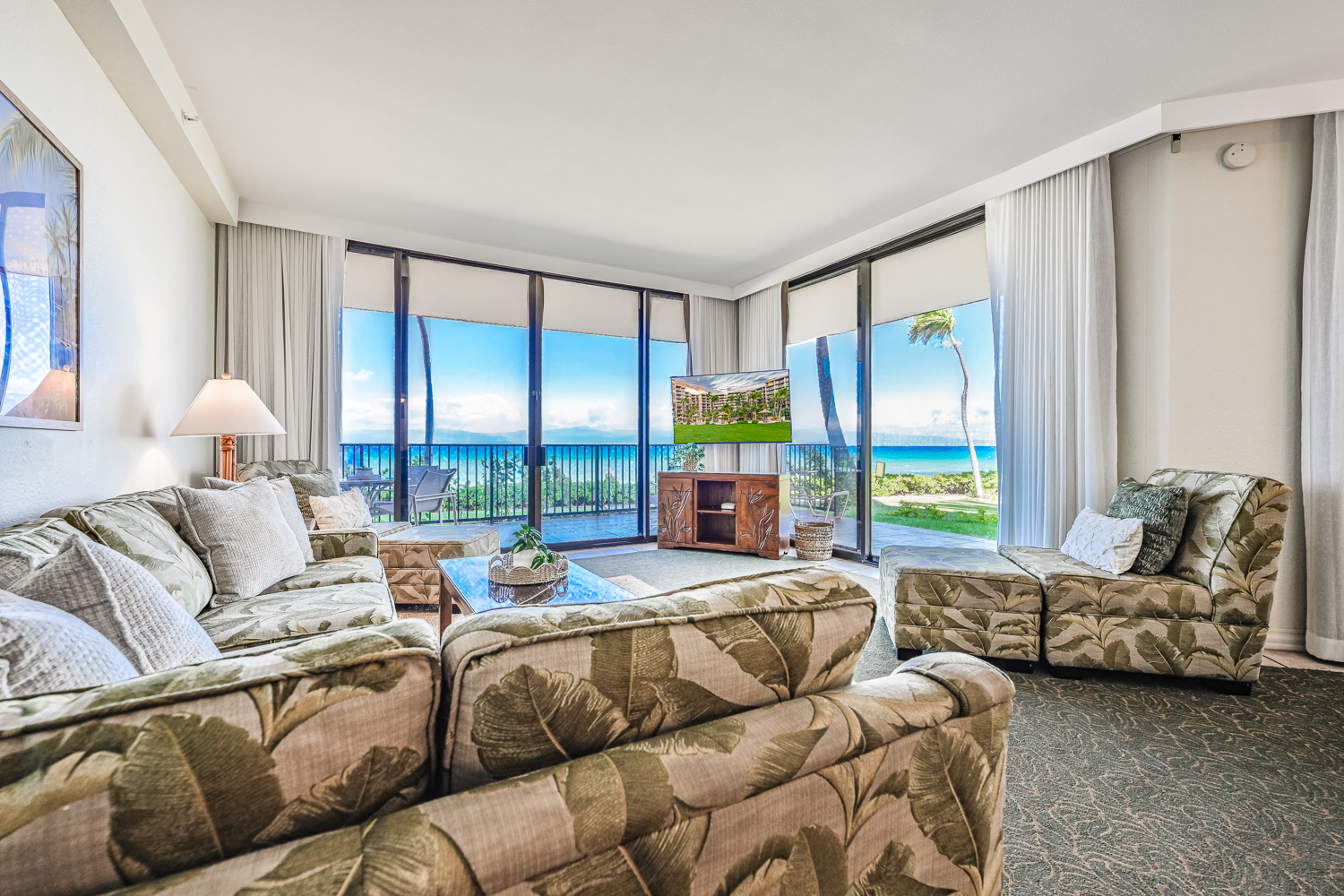 Spacious living room with panoramic ocean views on two sides!