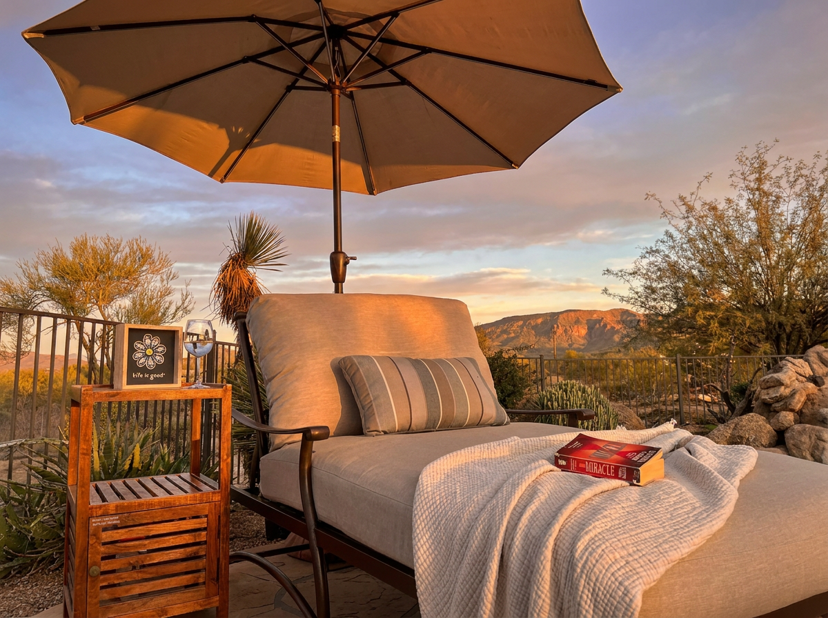 Grab your favorite book at kick back on the cozy two seater lounge, pool side at Sunset Trails.