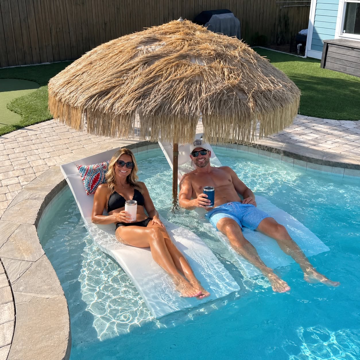 AI-enhanced poolside lifestyle image with digitally added guests. See original property photos for the private pool and outdoor amenities.