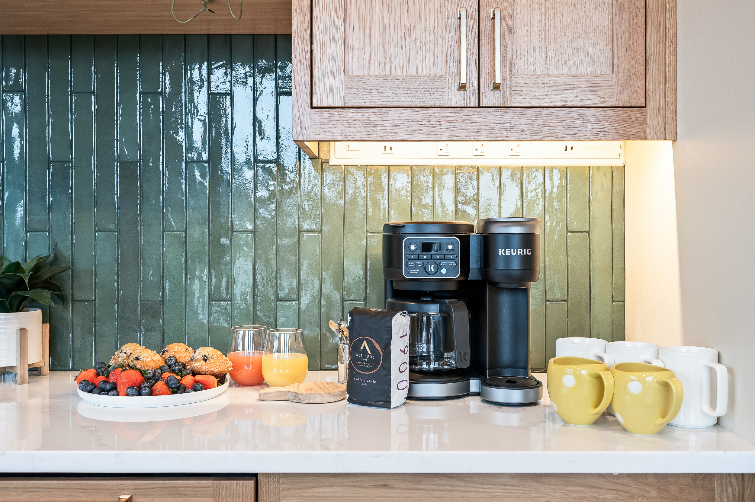 Main floor kitchen coffee area: 12-cup drip coffee maker (coffee beans provided), coffee grinder, frother.