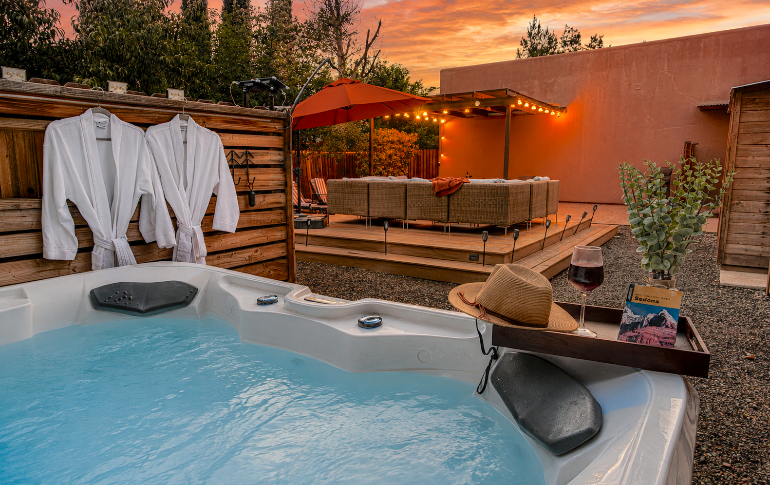 {Spa Lounge} Hot tub for up 6 guests — soak under starlit Sedona skies with a drink in hand.