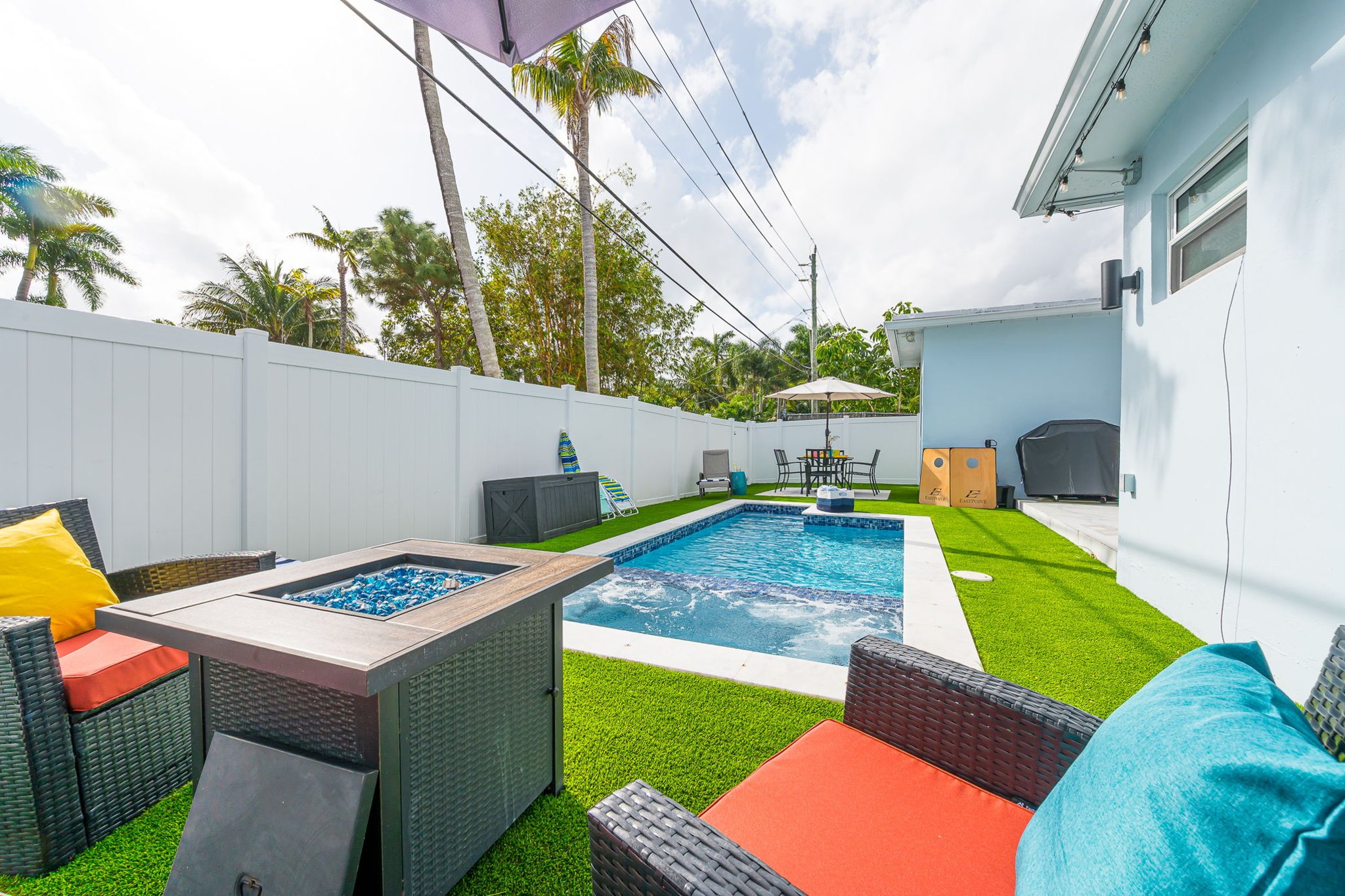 Enjoy your own private pool and hot tub, gas fire pit lounge, outdoor dining, and games—ideal for families and groups seeking a fun Florida escape.