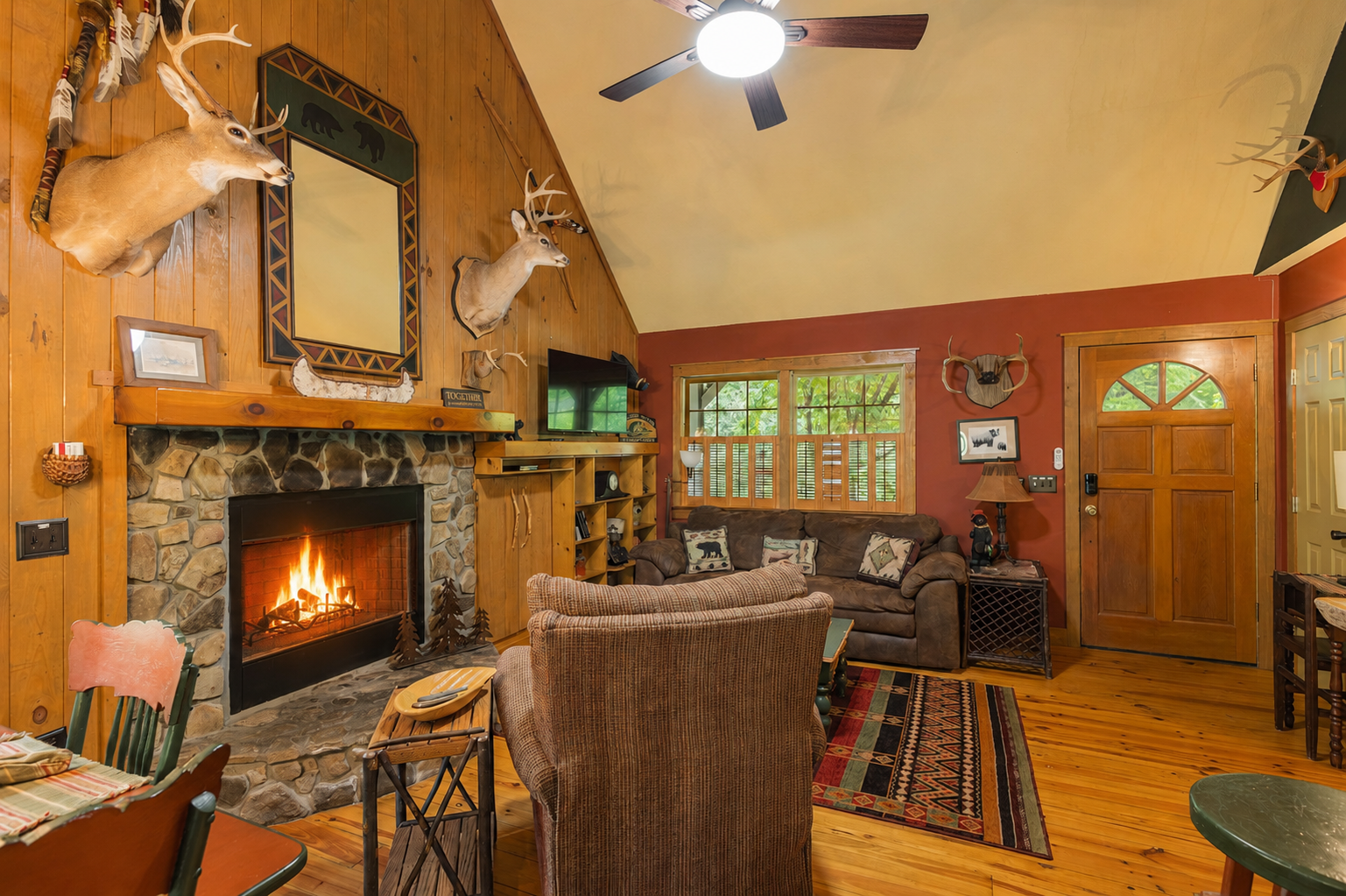 Gather around the fireplace, settle into the comfortable seating, and enjoy a peaceful evening indoors.