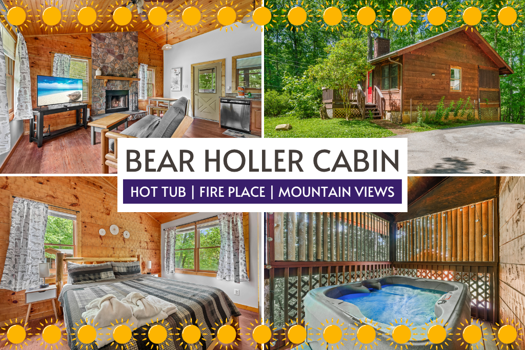 Bear Holler Cabin offers a hot tub, fireplace, and stunning mountain views—just minutes from hiking, waterfalls, and charming downtown.