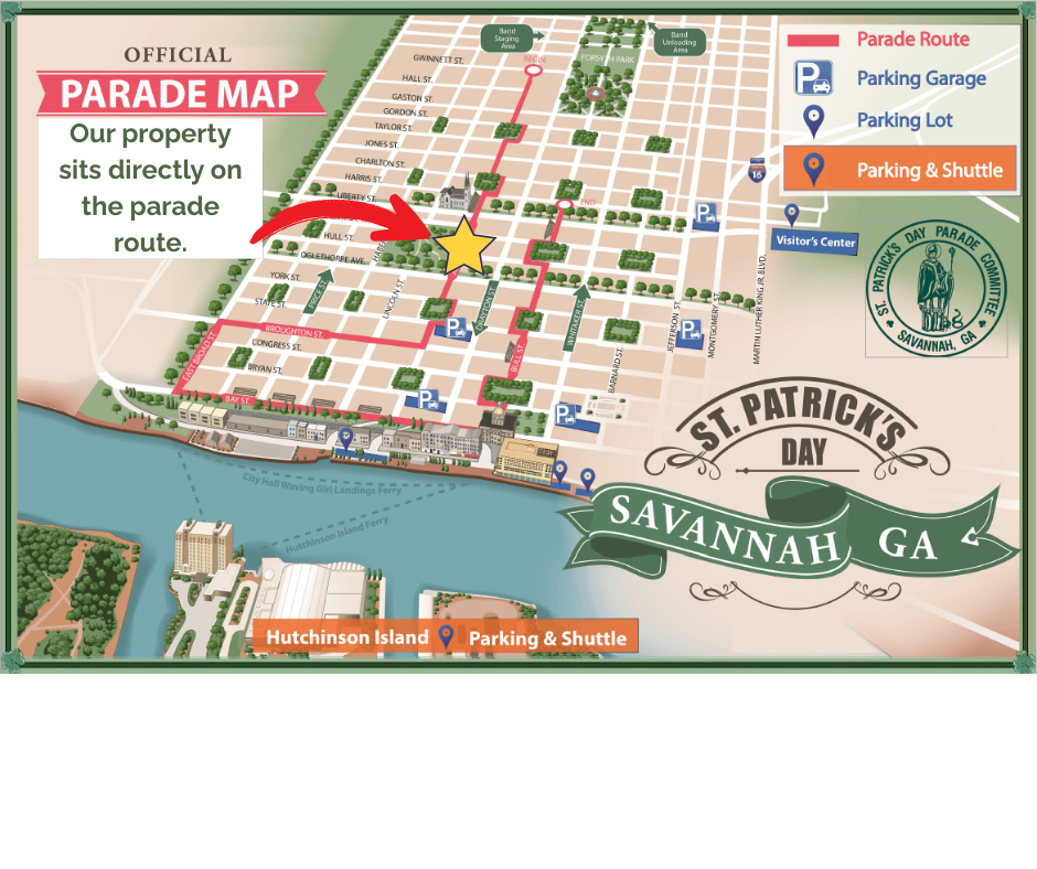 ☘️ Right on the Route! Step outside and you’re in the heart of Savannah’s St. Patrick’s Day Parade.