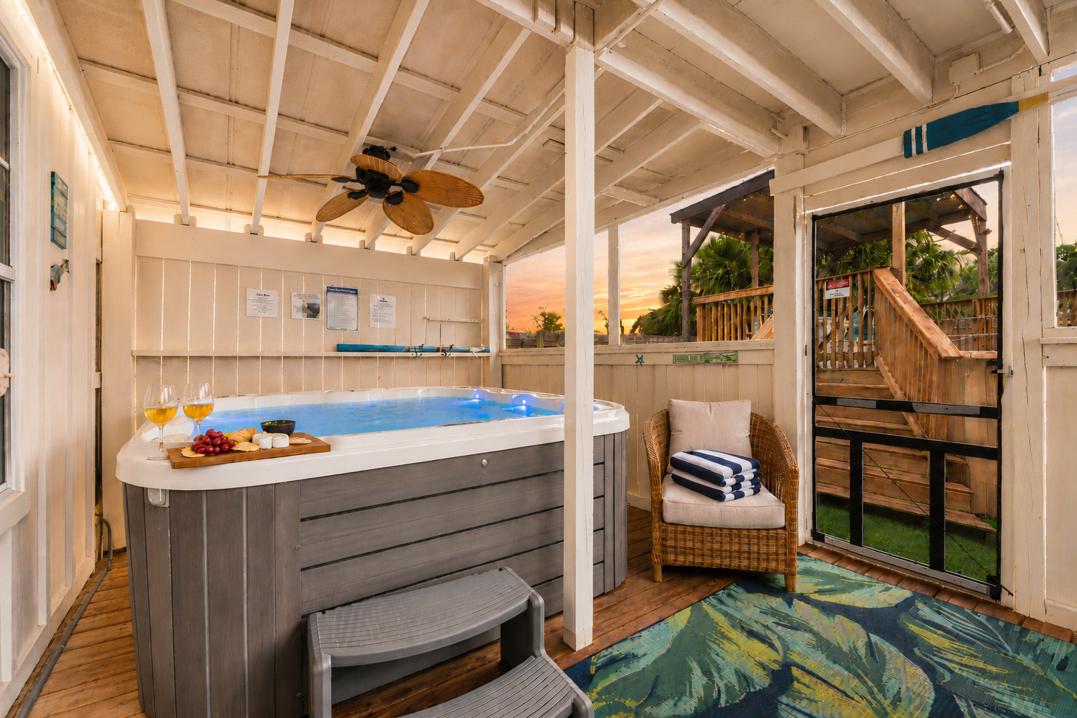 Screened-In Patio & Hot Tub
Sip a glass of wine, relax in the hot tub, and enjoy the fresh coastal air from the comfort of this inviting screened-in patio.