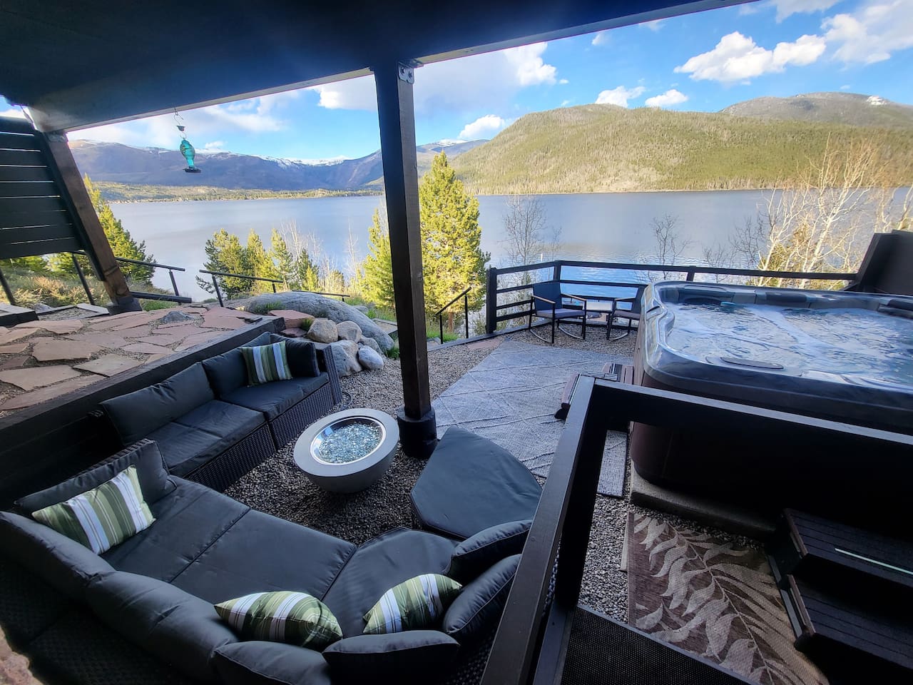 Seating area and fire table are available on upper patio for easy access!