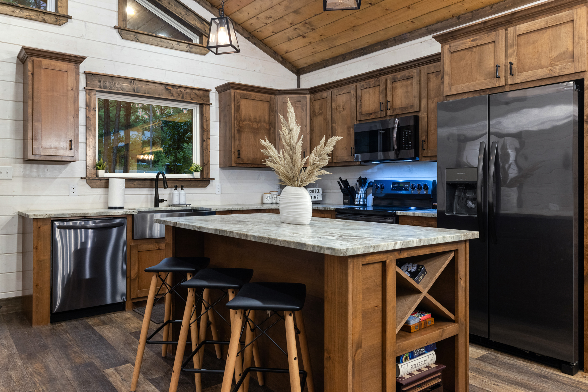 Fully equipped for more than takeout. Past guests have loved cooking here, with plenty of space to prep meals and a peaceful view of the pines ad forest while you do it.
