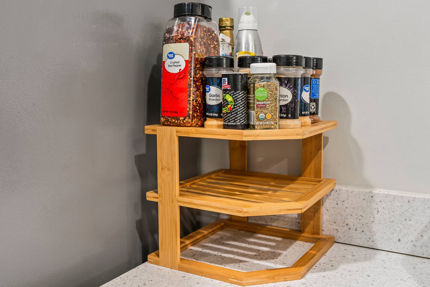 Stocked spice rack with everyday seasonings, making home cooking easy and convenient during your stay.