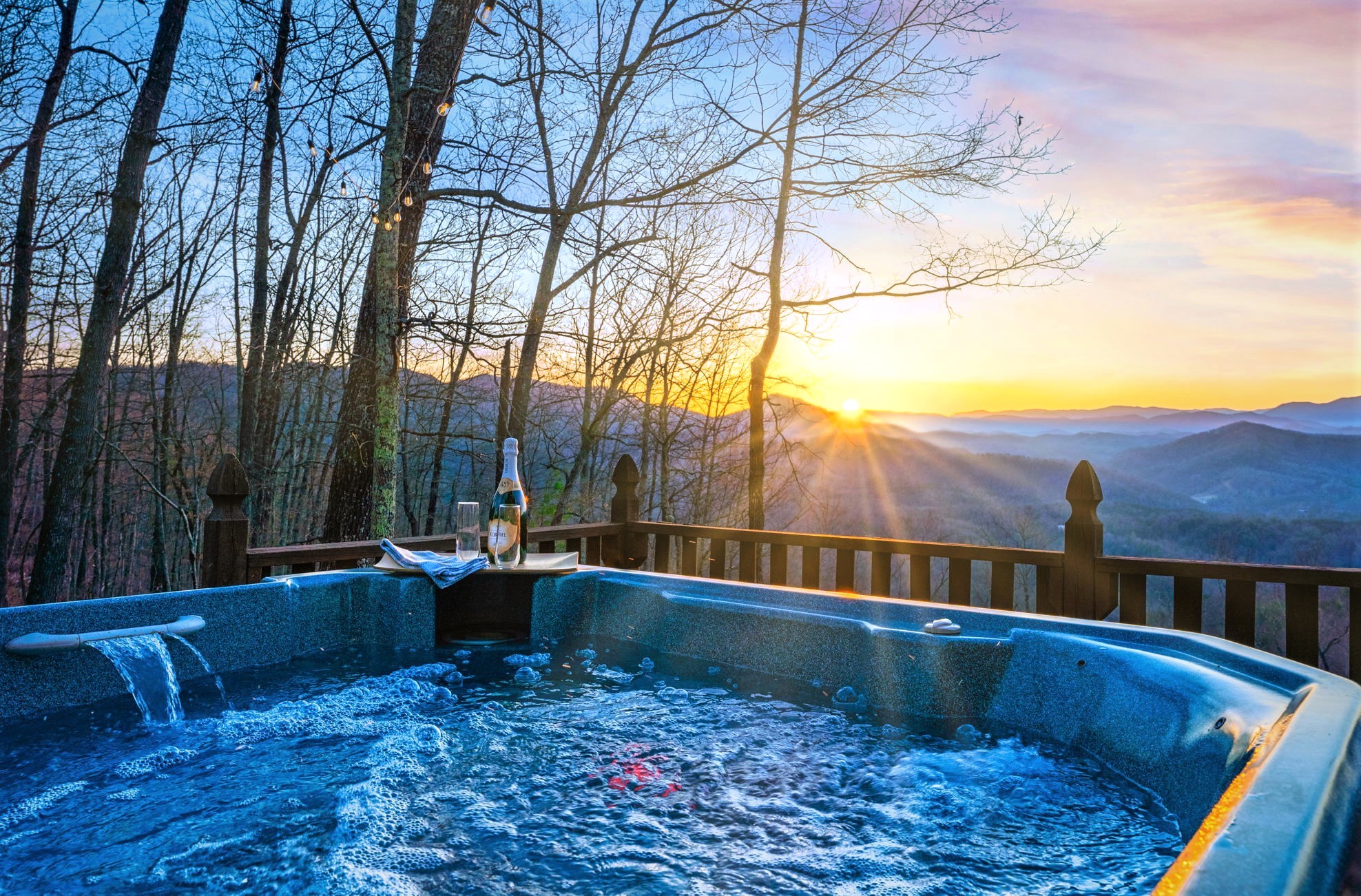 Picture yourself soaking in a hot tub under a sky full of stars, surrounded by GORGEOUS mountain views and nature! Reminder: Glassware seen in photos is for decorative purposes only. For safety, no glassware or alcohol near the hot tub.
