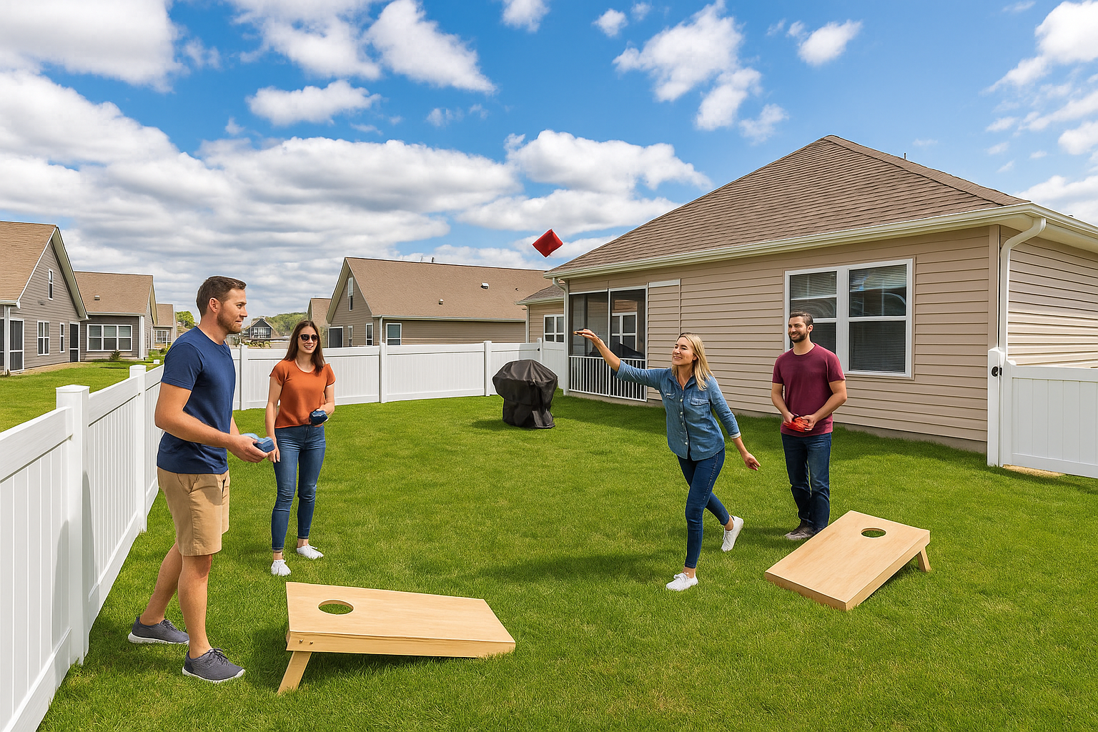 See how easily you can transform the yard into your very own game field: cornhole boards ready for friendly competition, with ample room for cheering spectators.