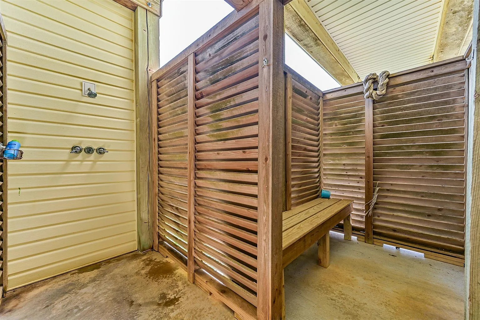 Large outdoor shower for quick clean up to manage the sand and sun