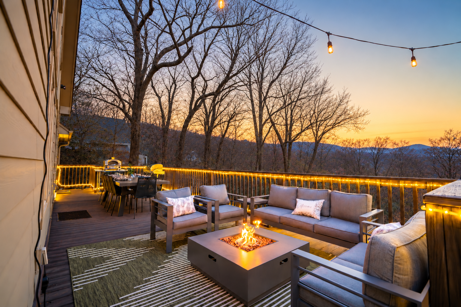 Relax by the fire or dine among the treetops with seasonal Blue Ridge mountain views.