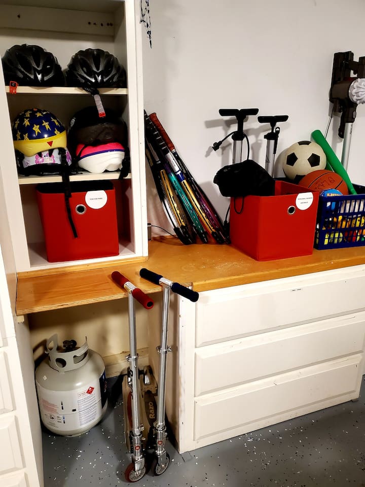 Plenty of fun for the park - soccer and basketballs, some helmets (bring your own to be sure it fits well!), scooters, tennis rackets, etc.!