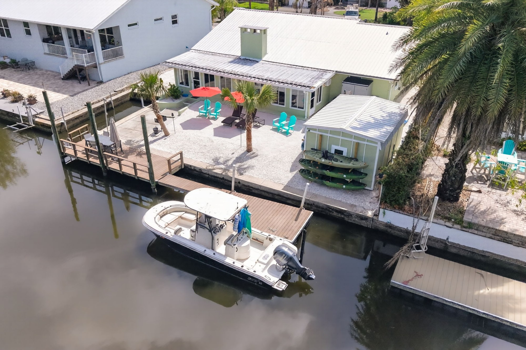 Aerial view of the private dock and boat