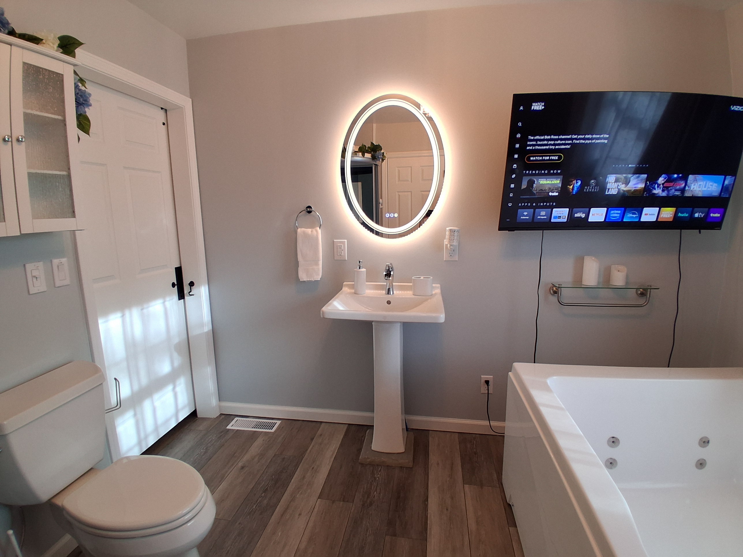 Enjoy a 42" backlit TV, perfectly positioned for viewing from the jetted tub and a fog-free mirror. Whether you're streaming your favorite shows or unwinding with someone special, relax together in the comfort of warm, swirling jets and ambient lighting.