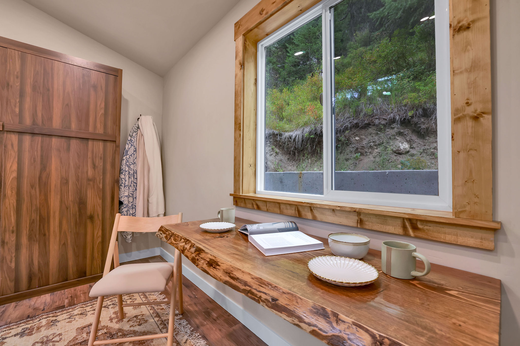 Warm wooden accents give this space a welcoming feeling