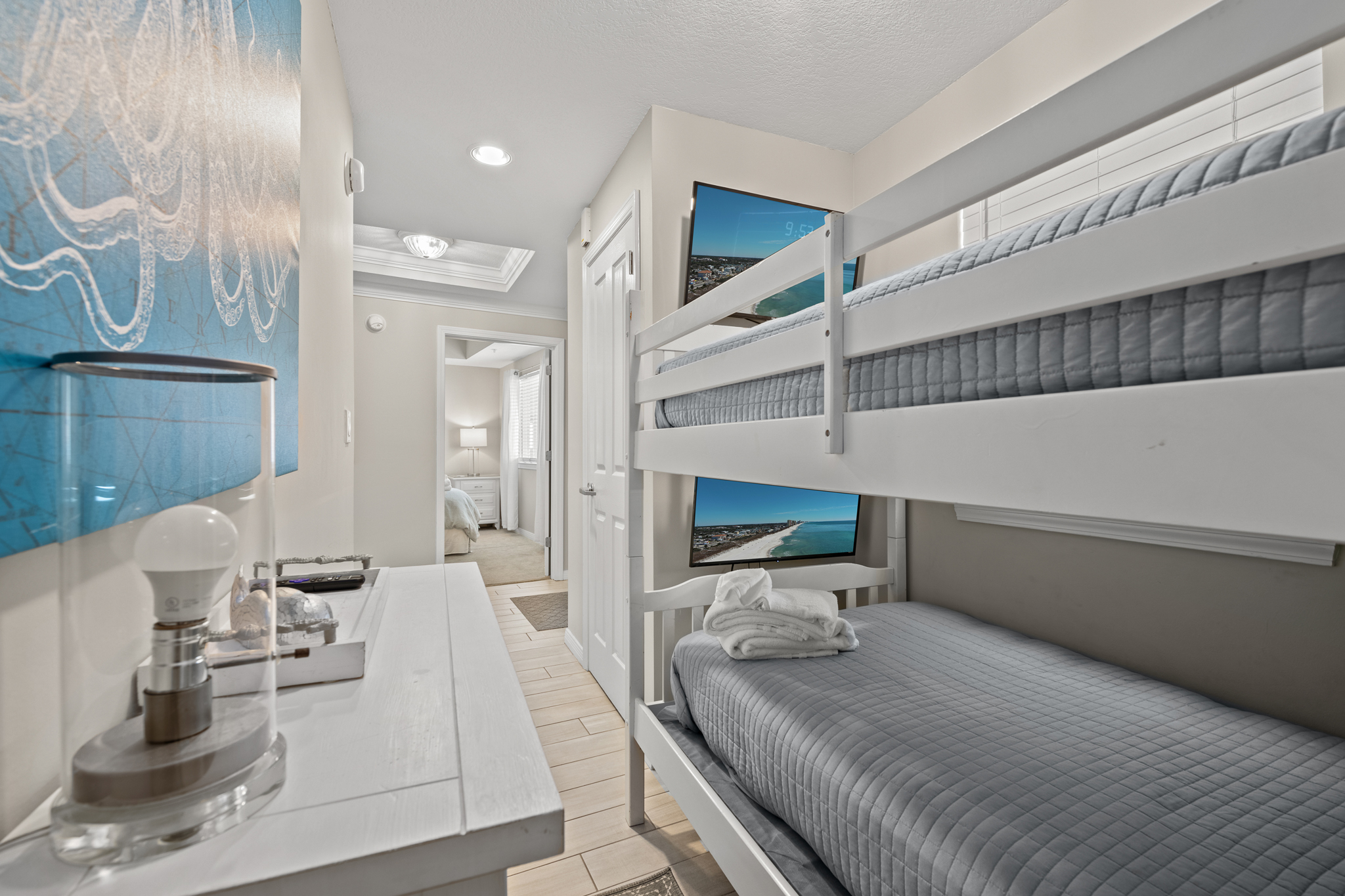 Close-up of the bunk beds showing sturdy design and cozy setup.